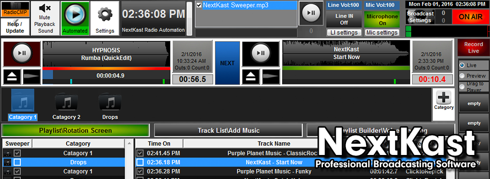 This is a black and green screenshot of how the NextKast Broadcaster appears, a visual mixing desk of sorts.