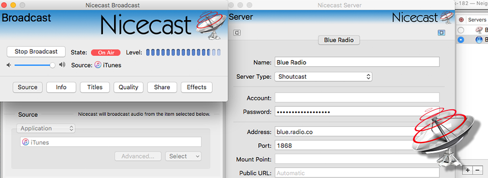 This is a screenshot of a Nicecast Broadcaster in blue and grey, with the word Nicecast in the top left.
