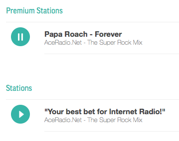 These are images of premium stations and regular stations. The premium station is teal green and shows the title of the track and artist. Below the station is just described as playing a mix for the stations section.