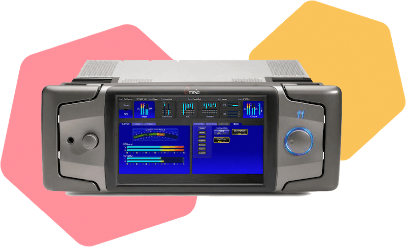 Image shows an Omnia 11 audio processor overlaid a white background with pink and yellow hexagon decoration.
