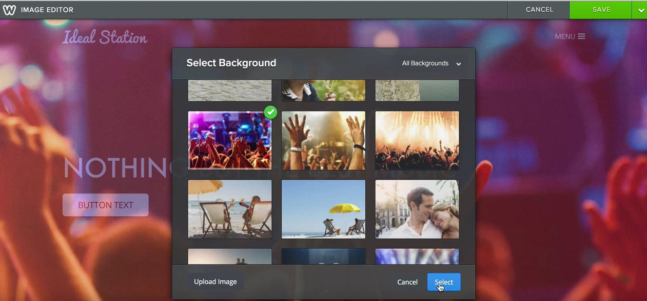 This is an example of how editing and adjusting an image on the homepage would appear. It shows a purpley orange backdrop of a crowd with their arms up. In the middle are 9 stock images of various scenarios.