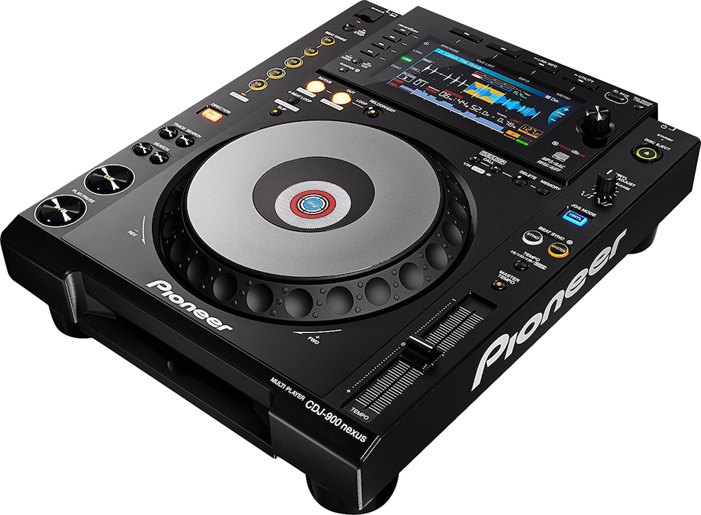This is an image of the Pioneer CDJ900NXS Nexus Controller against a plain white background. This is a squared off black box with a mixing disk in the centre, and a white Pioneer logo on the side. Above it is a small screen displaying the audio levels.