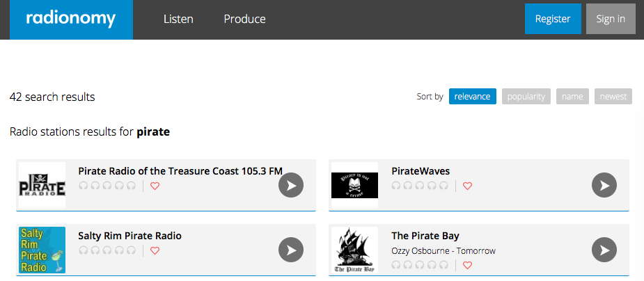 This is a screenshot of how the Radionomy Pirate Search appears. The top banner is blue and black and reads Radionomy - Listen, produce, register and sign in options. Beneath it are pirate radio stations listed.