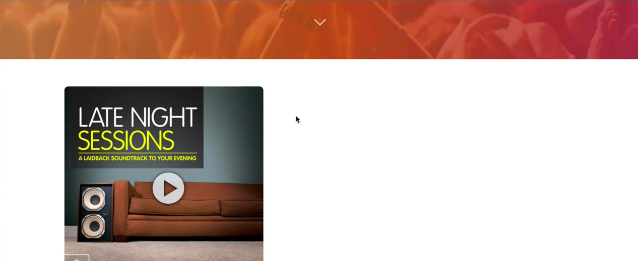 This is the same as the above screenshots but with only an orange banner rather than all of the various options. It shows an Embedded Radio Player square. THe example player is called 'LATE NIGHT SESSIONS', and the cover art is a brown sofa with a black speaker next to it.