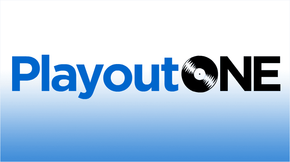 This is a blue and white logo for PlayoutOne. THe O in One is a black record.