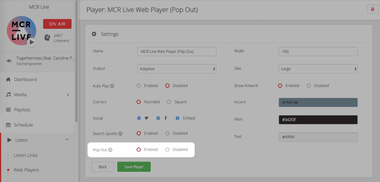 Image uses the Pop Out Player creator within the Radio.co dashboard.
