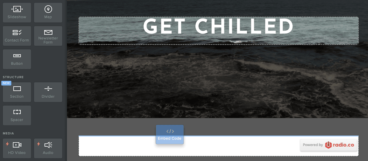 Image shows the Radio.co website builder.