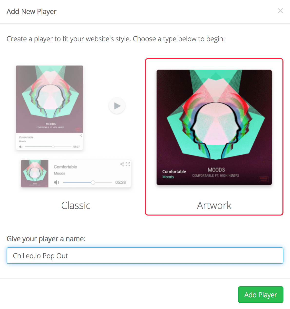 Image shows the Create Radio Player window within Radio.co.