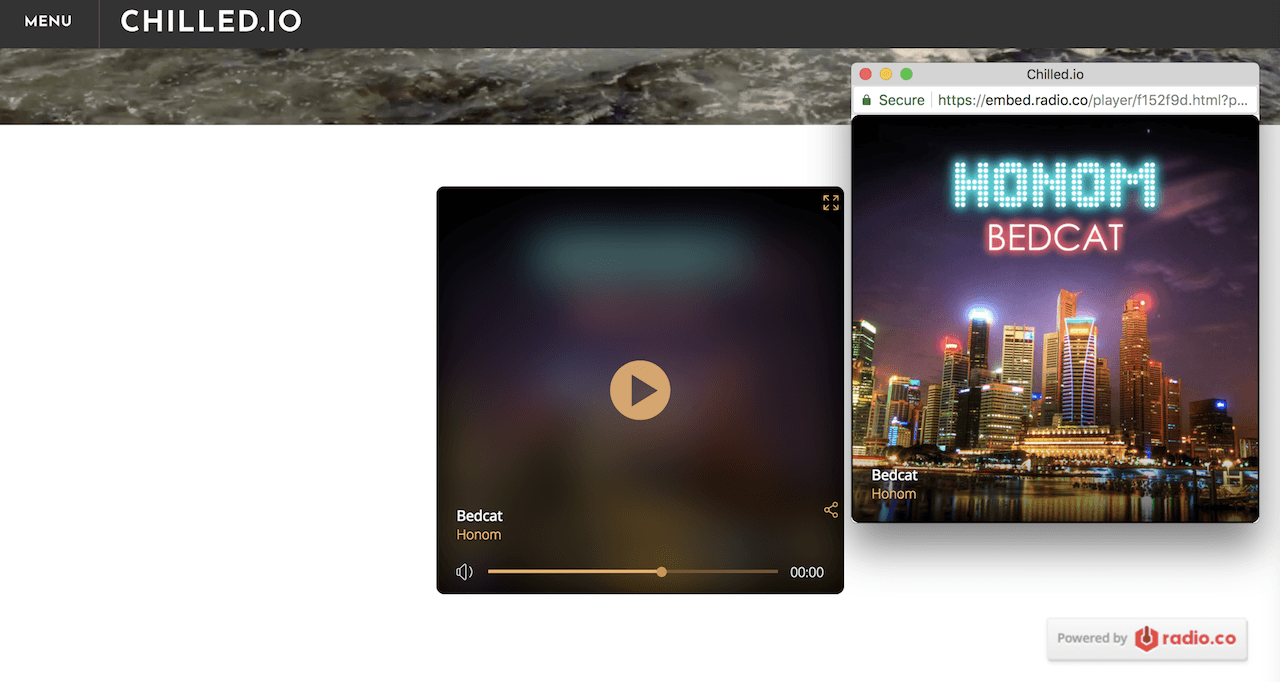 Image shows a radio website with an embedded radio player and a pop out radio player visible.