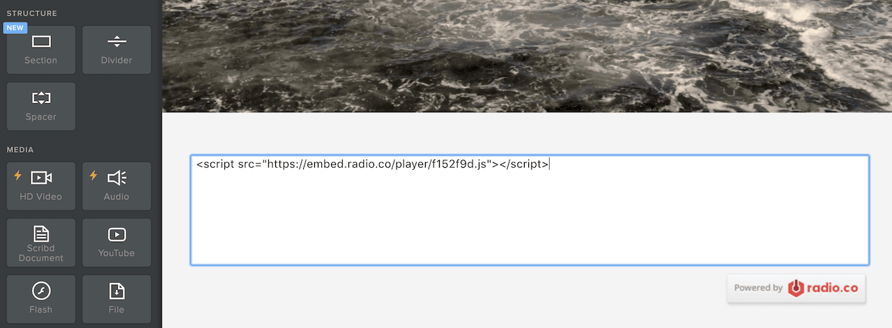 Image shows a radio player embed code within the Radio.co website builder.