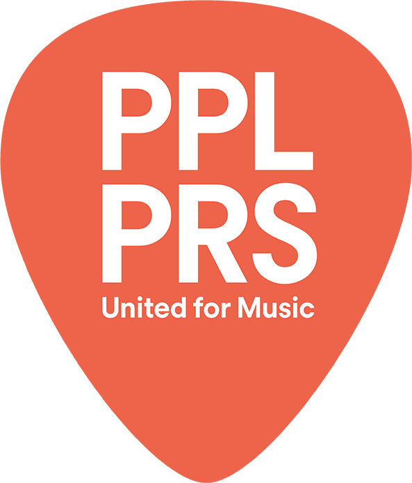 Image shows the logo for PPL PRS: an orange plectrum shape with white font inside it that reads