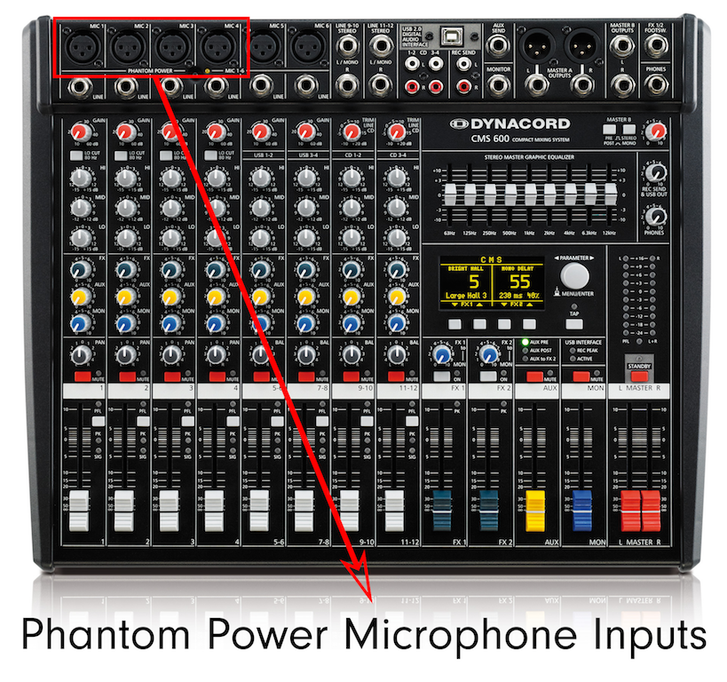 this is the same image as the previous two, but here the Preamp Phantom Power Mics are pointed out with red arrows.
