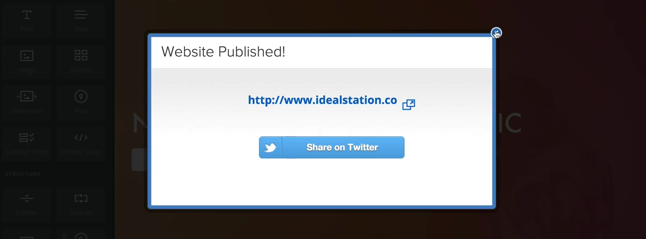 This is a screenshot that reads 'Website Published!' with an option to Share on Twitter. It is a black background with a white centre and blue text.