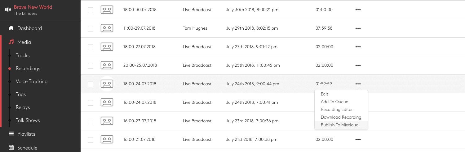 Image shows a list of tracks within the Radio.co dashboard and the Actions options.