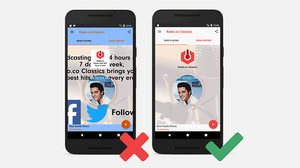 One smartphone with an incorrect method of radio app design on it with a red cross over the top, and another smartphone with a correct method of radio app design with a green tick over the top.