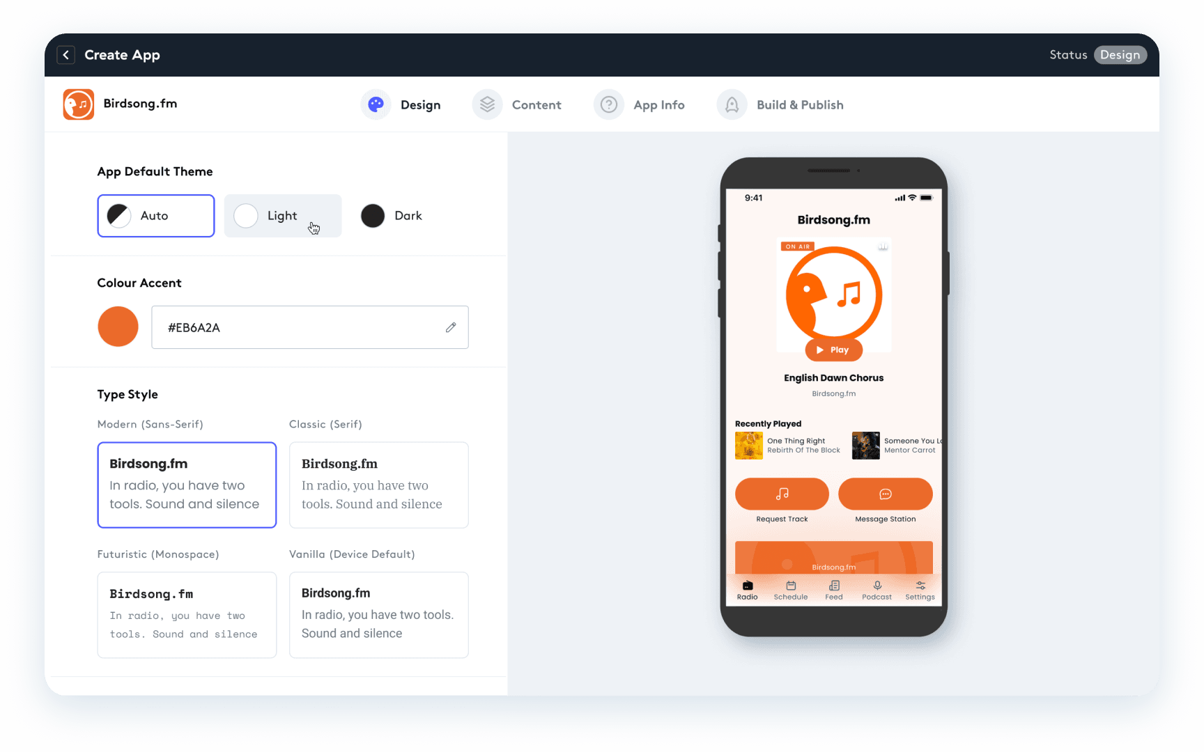 A screenshot showing Radio.co's radio app builder, in the customisation stage. There is a graphic of a black smartphone on the right.