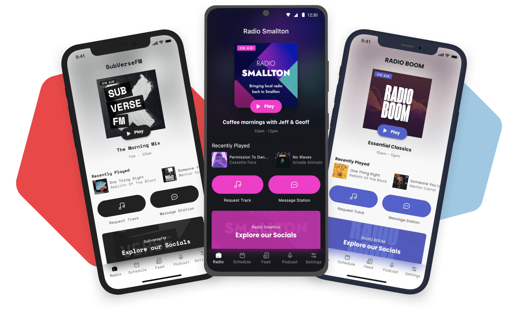 Image shows three example Radio apps, with different colour schemes, all created by Radio.co.