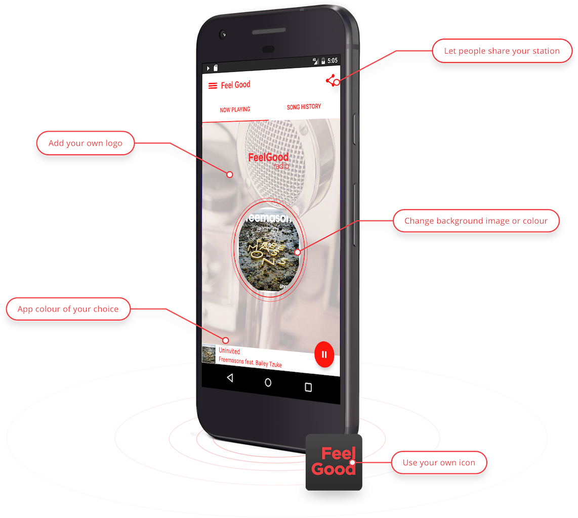 This is a black iPhone open on the Radio.co Branded App. there are graphic red bubbles coming off of the app describing some of the features, eg App Colour Of Your Own Choice etc.