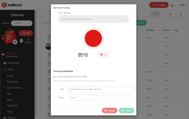 This is a screenshot of a voice tracker. In the centre of the screen is a red dot, below it are numbers of tracking metadata. The back of the screenshot is the Radio.co dashboard with a black side menu.