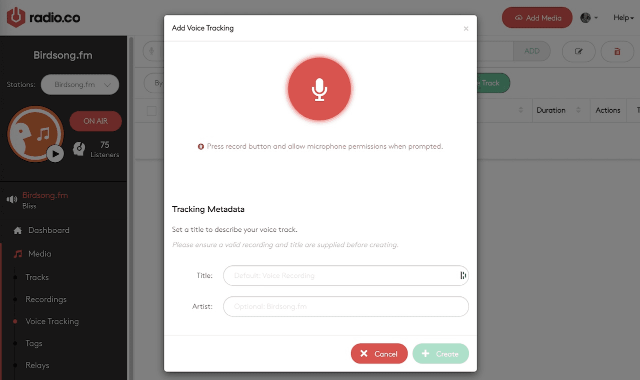 A screenshot from the Radio.co dashboard showing the window for recording voice tracks.
