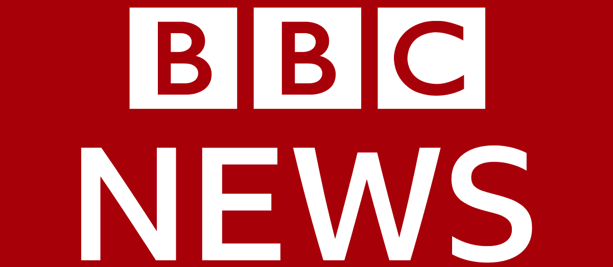 Image is a banner logo for BBC News. There is a red background the letters "BBC" are at the top in red font and within white boxes. Underneath is the word "news" in white font.