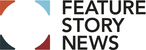 Image shows a banner logo for Feature Story News. It's a white background with a circle and square design on the left, and the text "Feature Story News" on the right.
