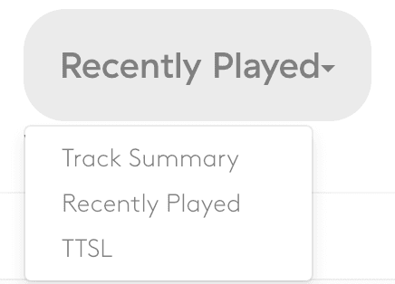 Image shows the dropdown options for selecting Recently Played, Track Summary or TTSL within the Radio.co dashboard.