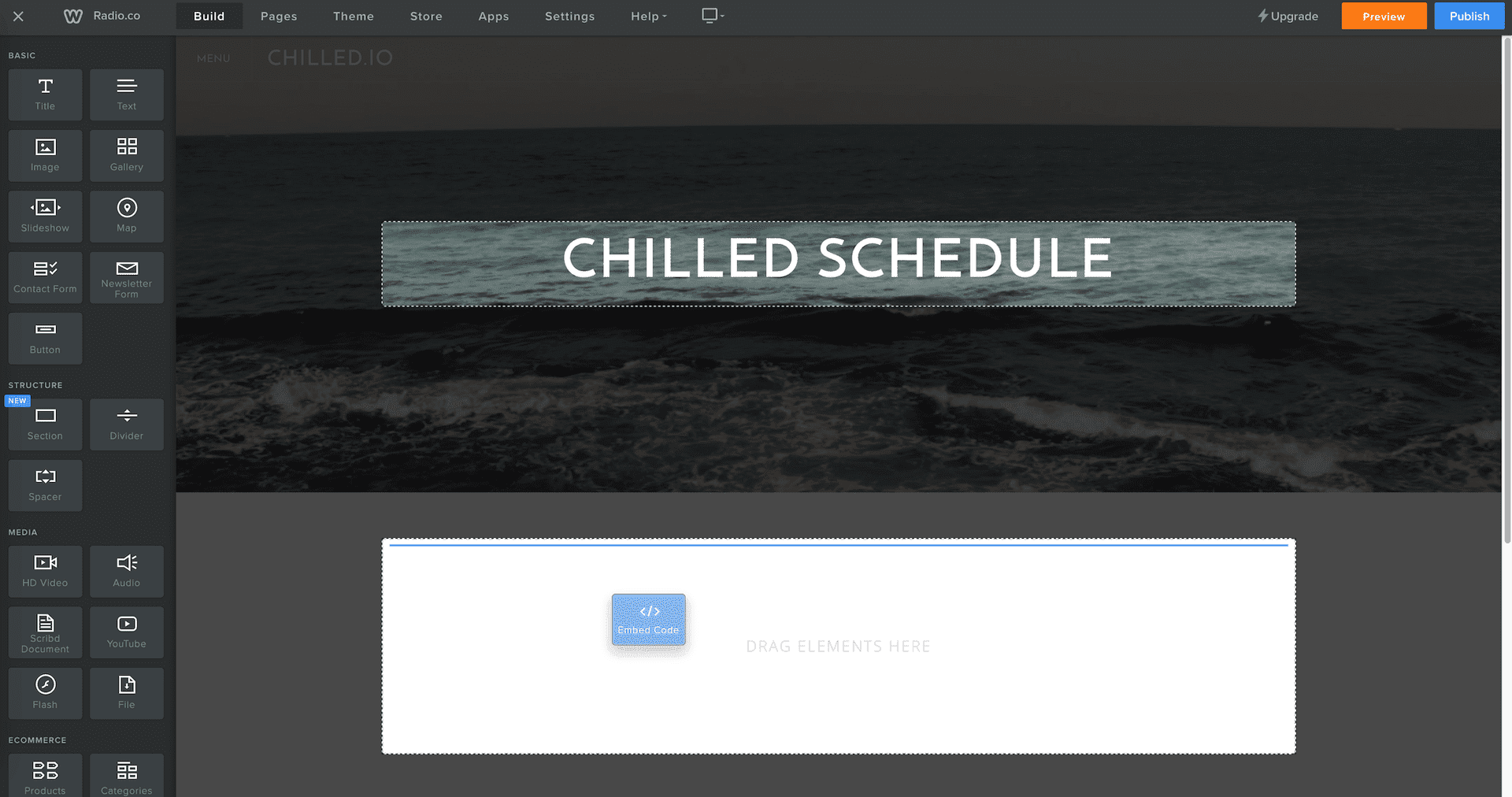 Image shows how to add an embed block within the Radio.co website builder