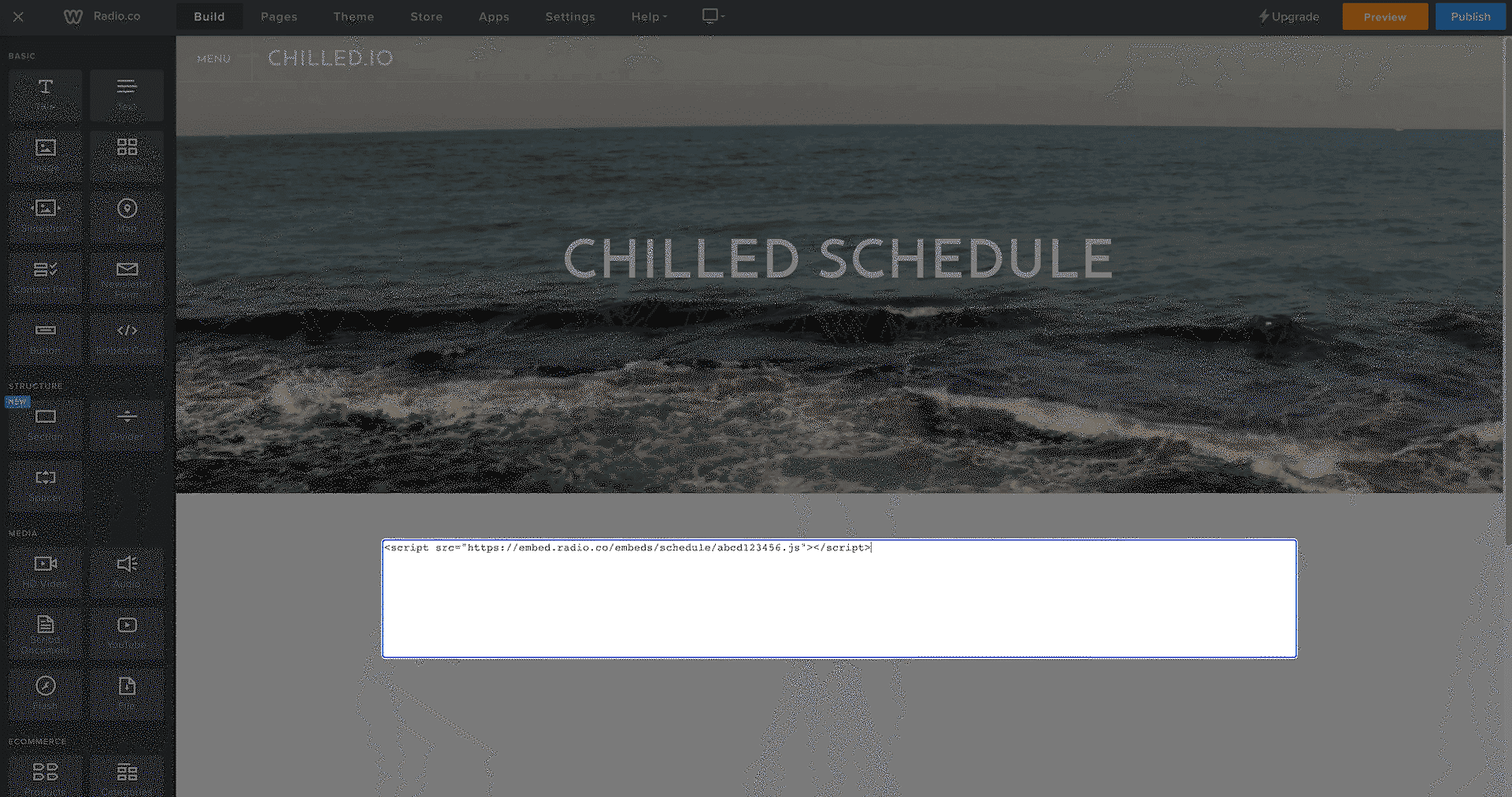 Image shows radio schedule code being embedded on website