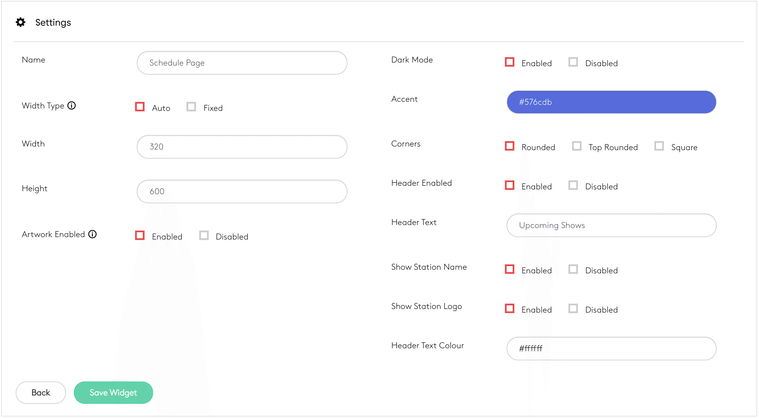 Image shows the Radio schedule settings within the Radio.co dashboard.