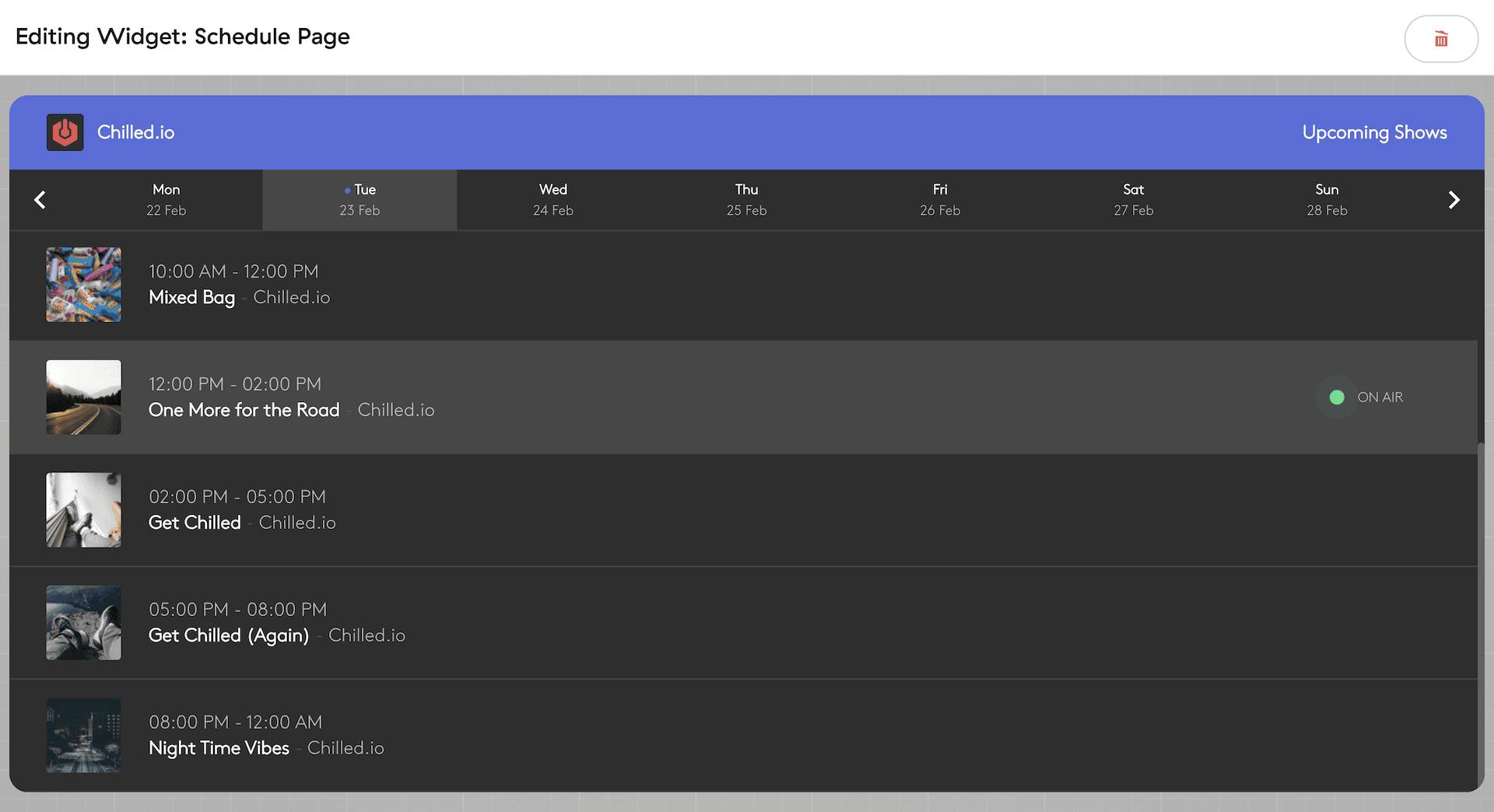 Image shows a preview of a Radio schedule widget.