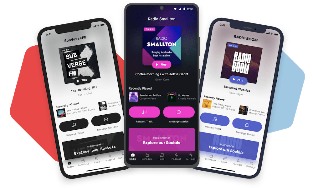 A screenshot showing 3 example Radio.co apps. They are for mock stations called Subverse FM, Radio Smallton & Radio Boom