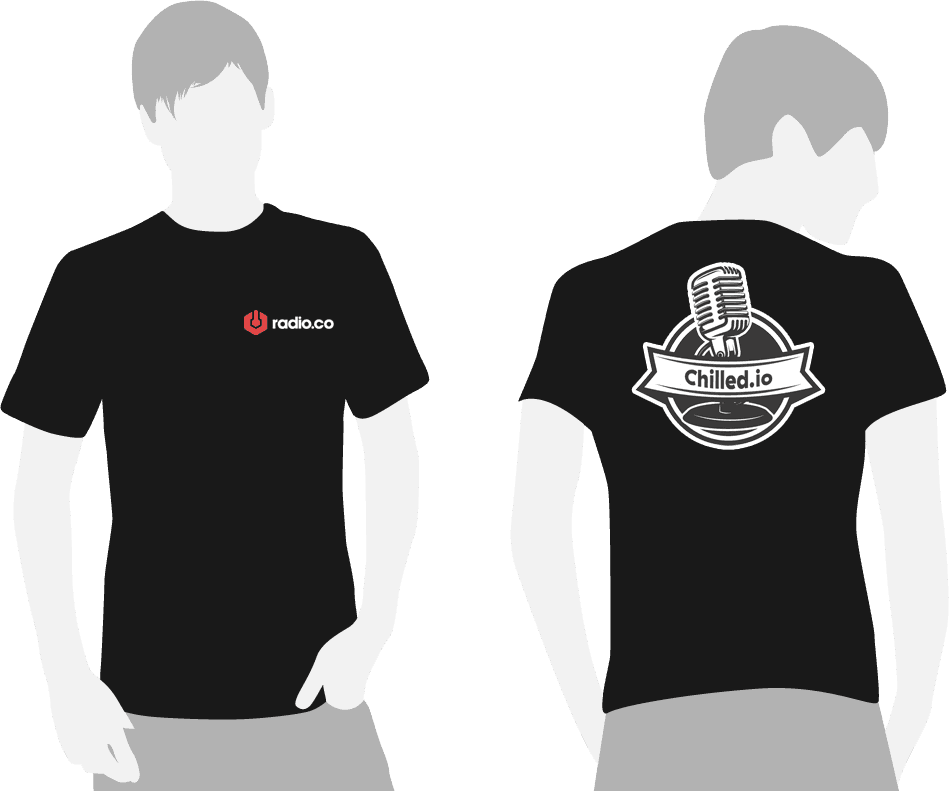 This is a stock image of an illustrated man wearing a Radio.co t-shirt design mockup. On the right is one for Chilled.io