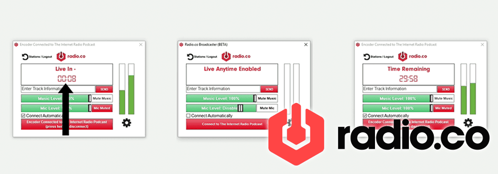 This is a broken down diagram of the radio.co software. There are three visible boxes and the black and red radio.co logo in the bottom right corner.