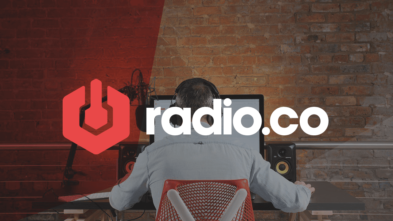 Image shows some artwork for Radio.co. It shows a man broadcasting online with his back turned to the camera, and the Radio.co logo is superimposed over the top.