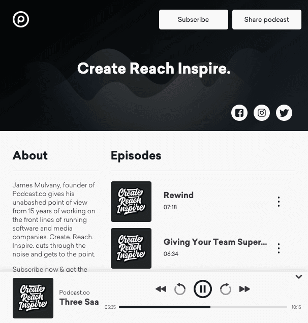Image shows the Podcast.co page for the Create Reach Inspire podcast.