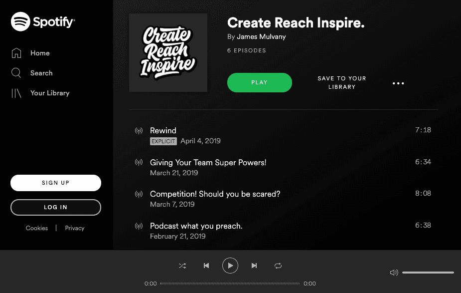 Image shows the Create Reach Inspire podcast episodes, listed within the Spotify.