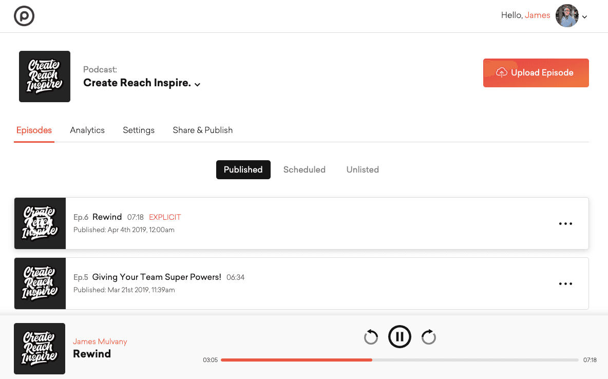 Image shows the Podcast.co episode list page for the Create Reach Inspire podcast.