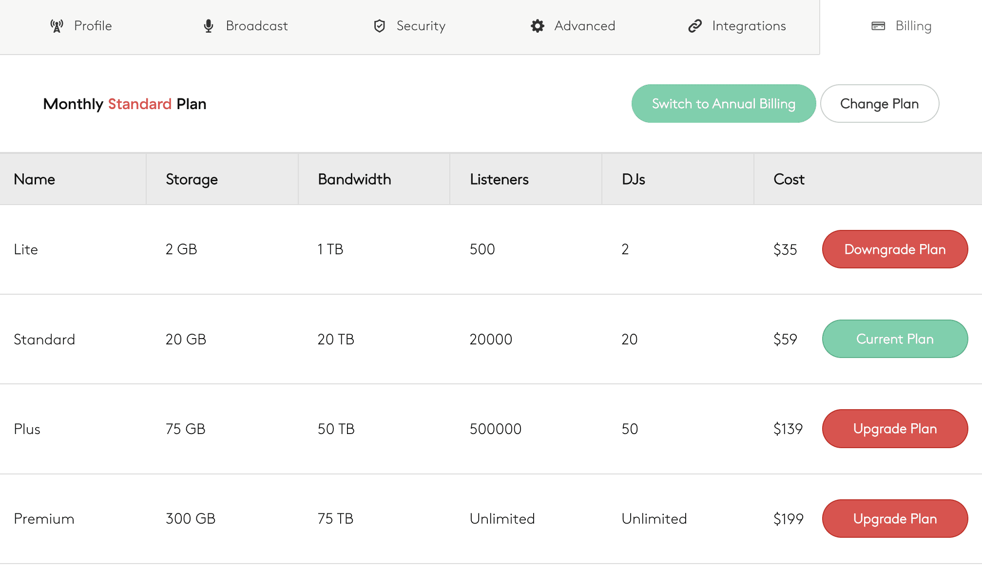 A screenshot showing how to switch plans in Radio.co Studio.
