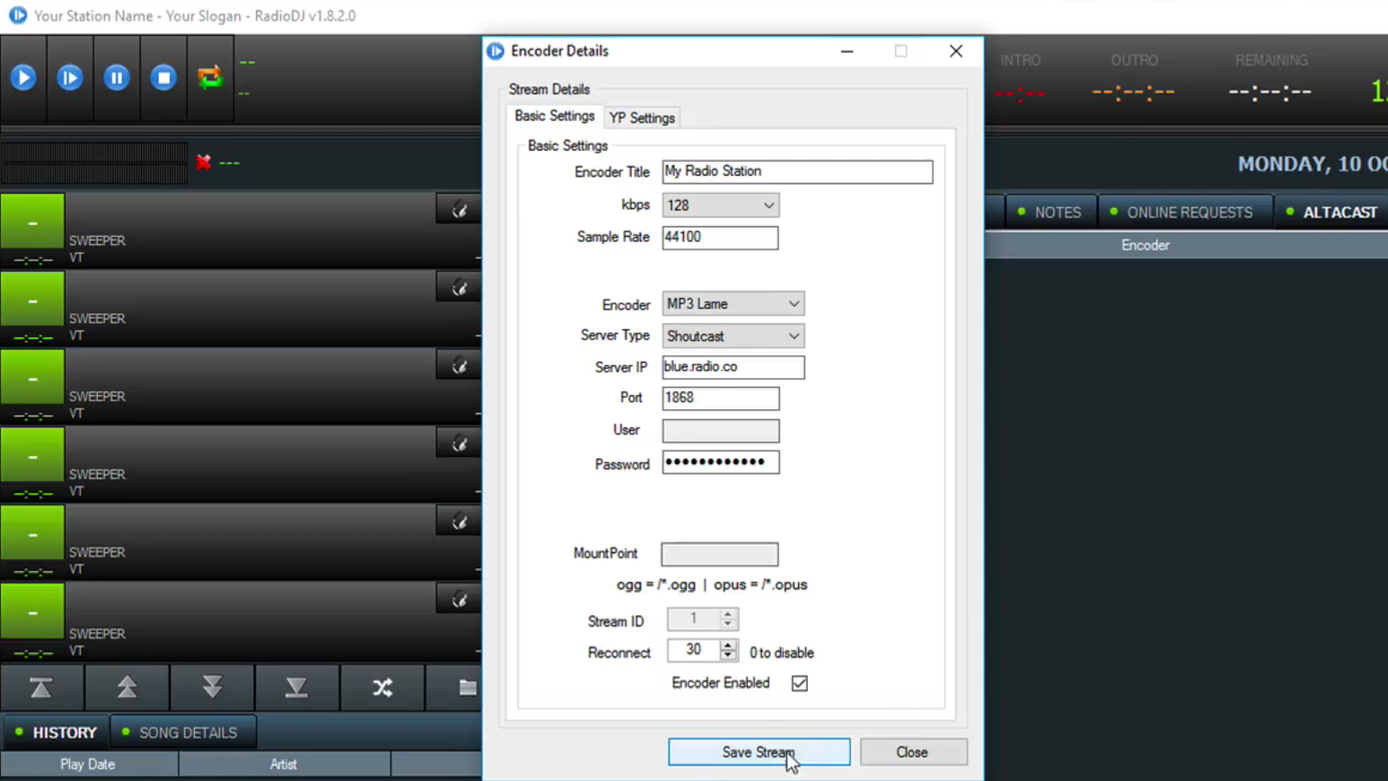 This is a black and green screenshot visualising the RadioDJ AltaCast Encoder