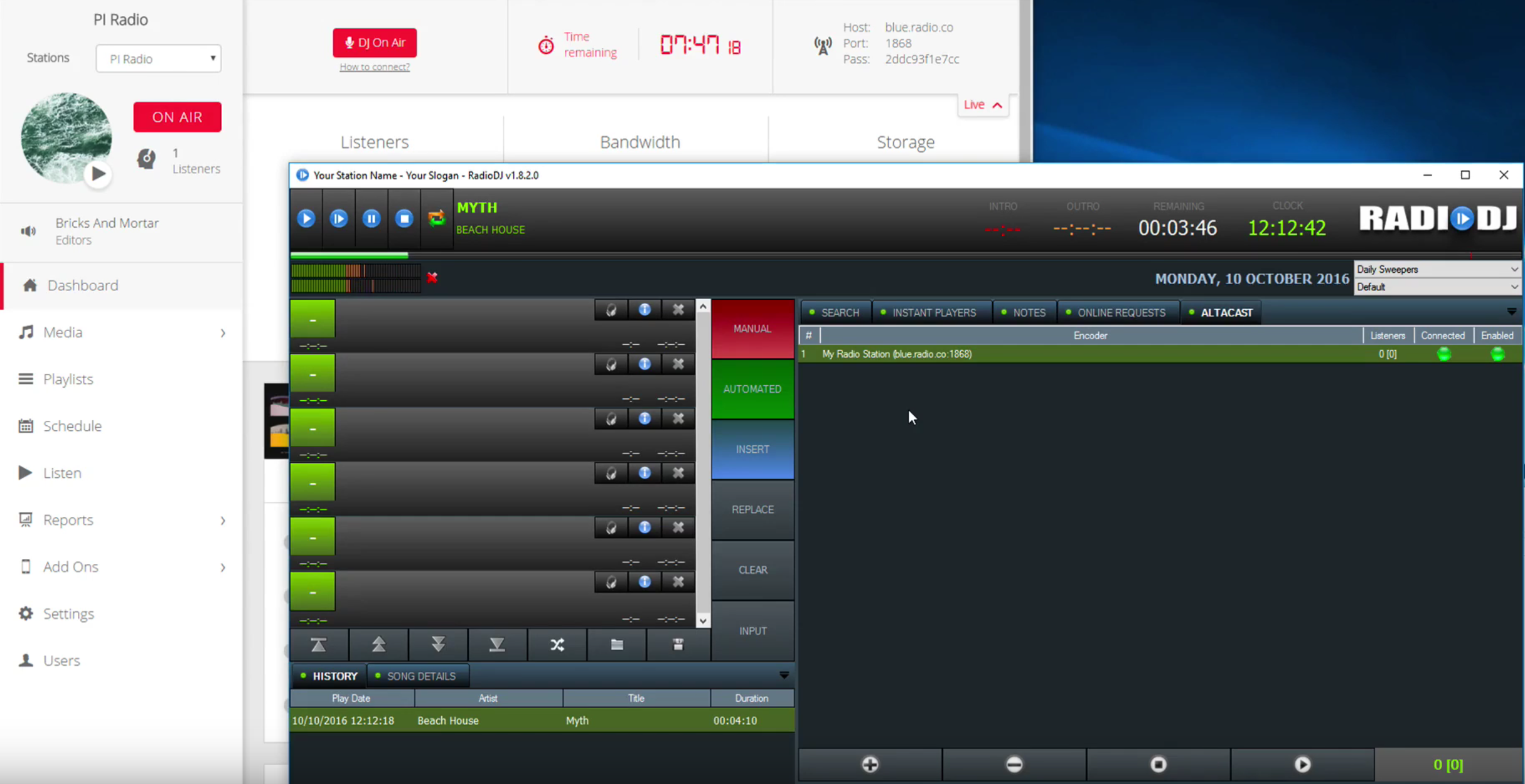 This is a black and green screenshot similar to the previous of RadioDJ, again illustrating the process of broadcasting Online Radio