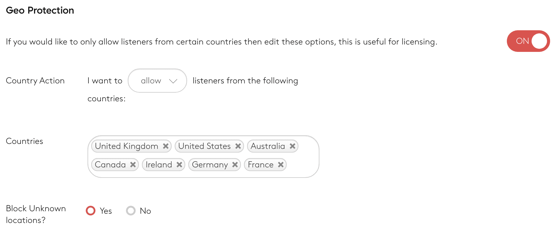 Image is a screenshot from the Radio.co dashboard showing the Geo Protection settings.