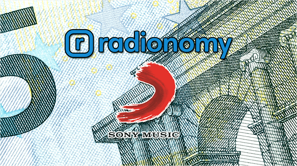 This is an image of the radionomy logo overlayed onto a 5 Euro note. beneath the blue text of radionomy is a red Sony Music logo, a curl.
