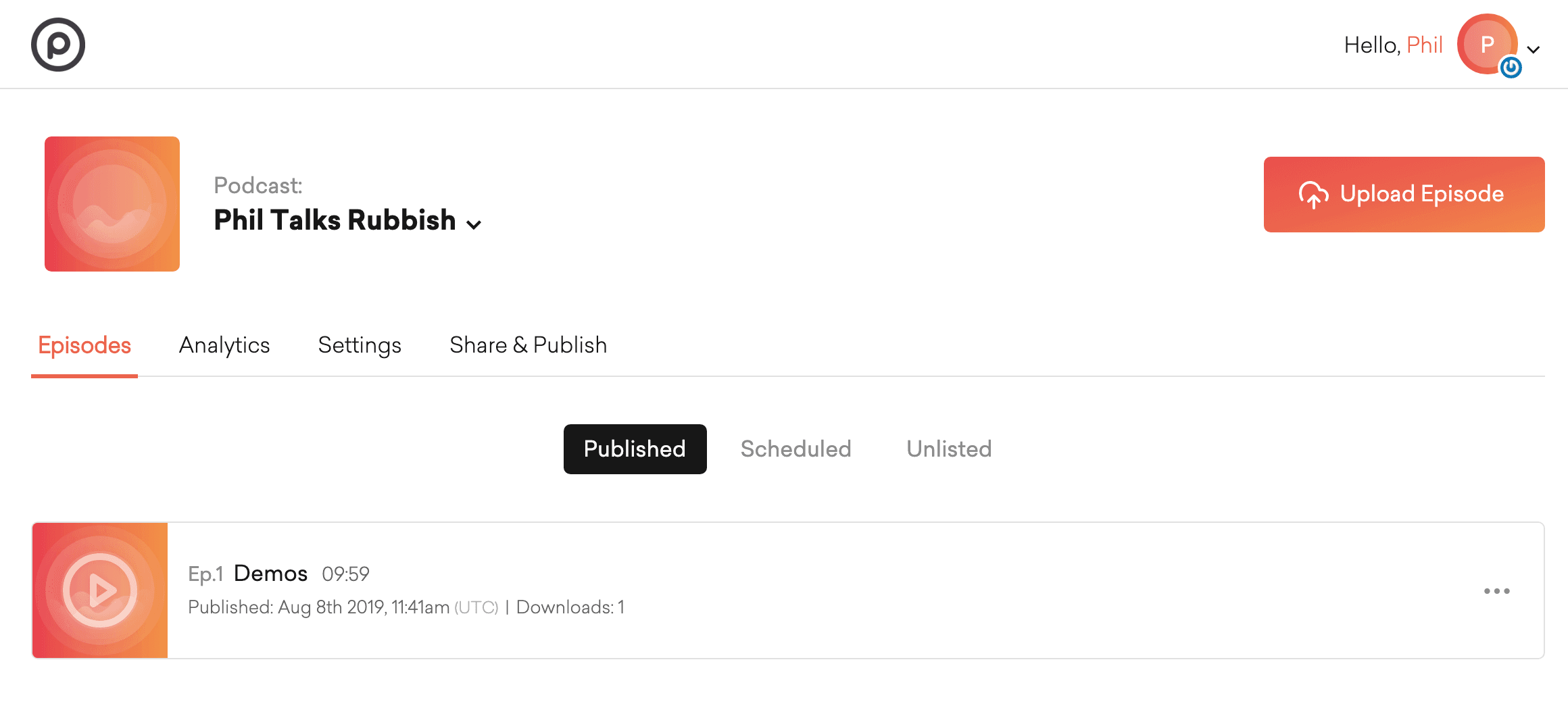 Image is a screenshot from Podcast.co showing details for a podcast, including published, scheduled and unlisted episodes.