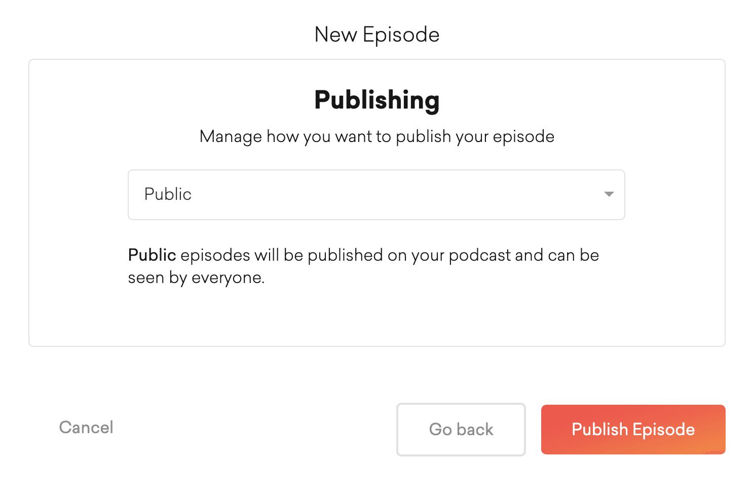 Image is a screenshot from Podcast.co, showing the options for publishing a podcast episode.
