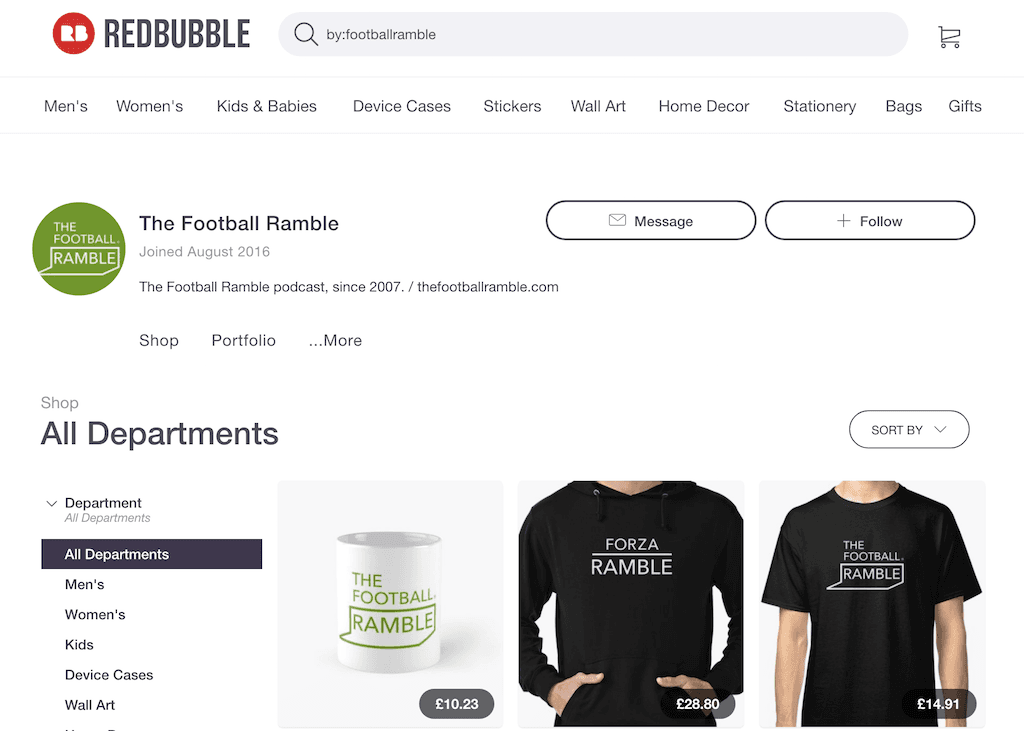 Image is a screenshot from The Football Ramble website showing their merchandise page.