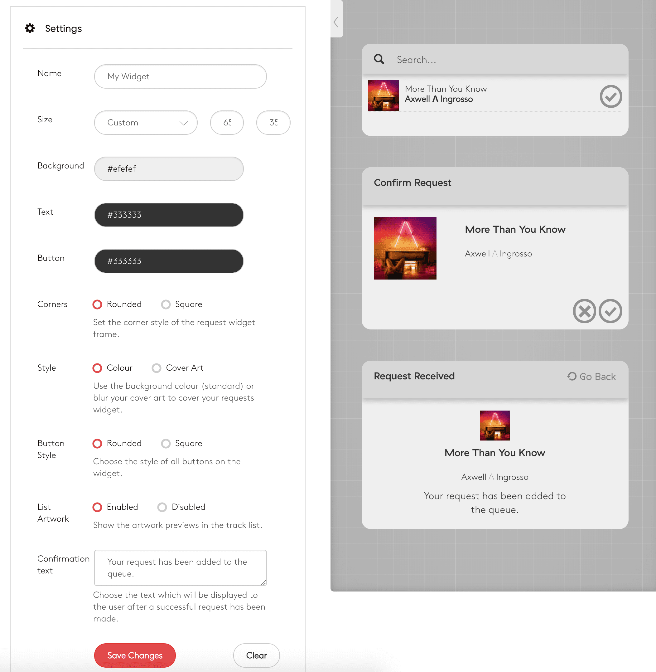 Image shows the settings for the request widget in the Radio.co dashboard.