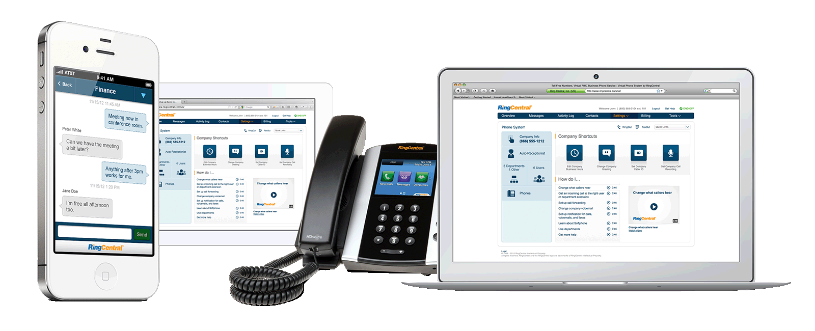 This is an image of a white iPhone and in the middle a traditional black telephone. On the right is a white tablet. All are open on the RingCentral Desktop backgrounds.