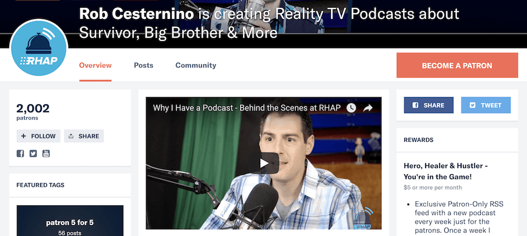 Image shows the Patreon page for Rob Cesternino.