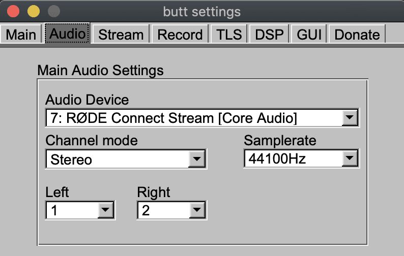 Image shows the BUTT Audio Settings for setting up RODE connect with your online radio station.